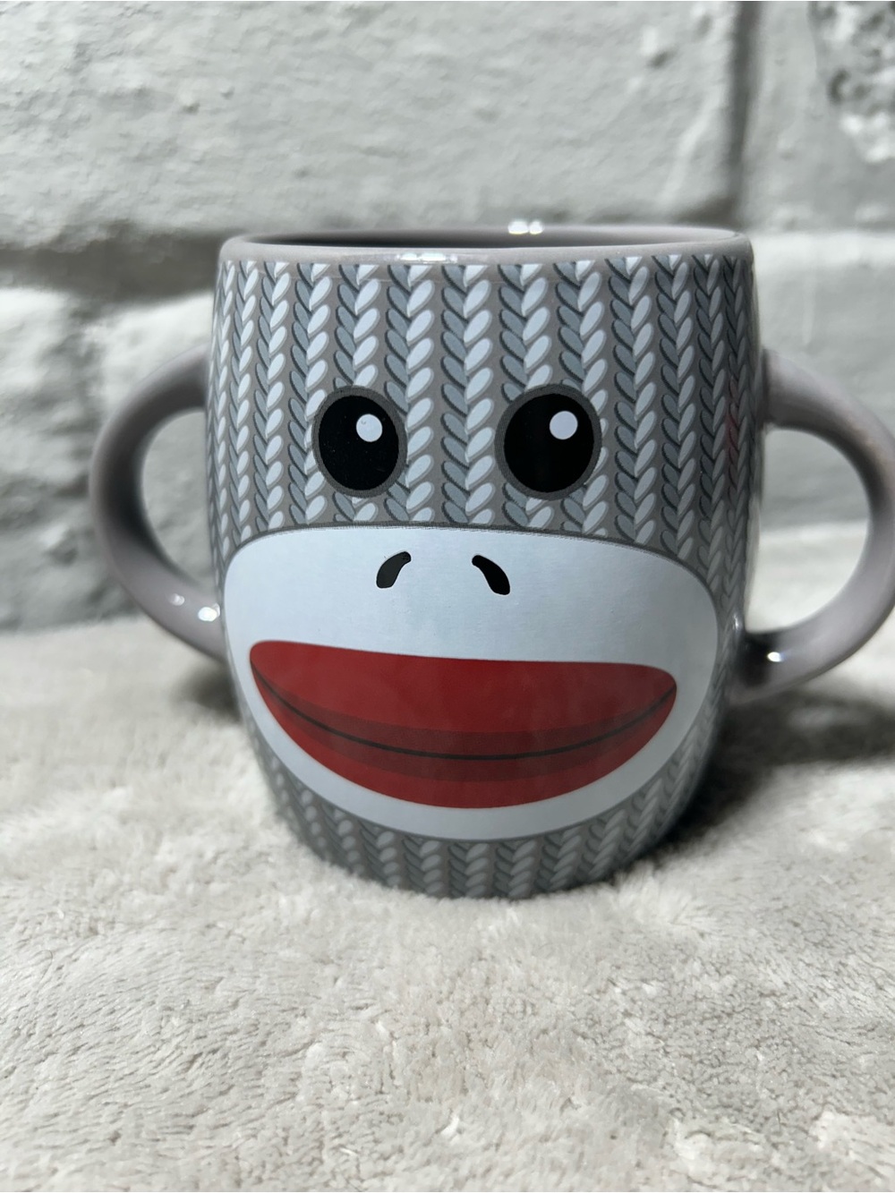 Gray Double-Handled Ceramic Sock Monkey Mug with Red Mouth